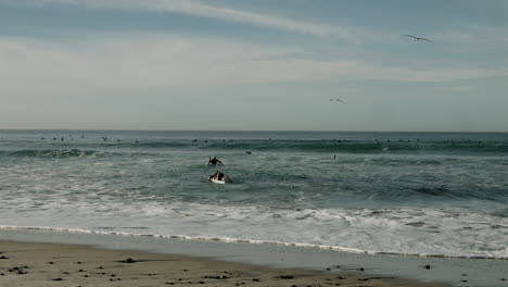 Two-surfers-paddle-out-into-the-Pacific-Ocean-at-a-beach-in-Cardiff,-California