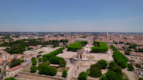 Aerial-view-over-Montpellier-city-with-view-of-the-garden-of-Peyrou