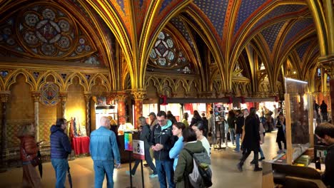 Lower-chapel-of-the-Sainte-Chapelle-church-in-Paris,-main-entrance-with-ticket-office---France-tourist-site