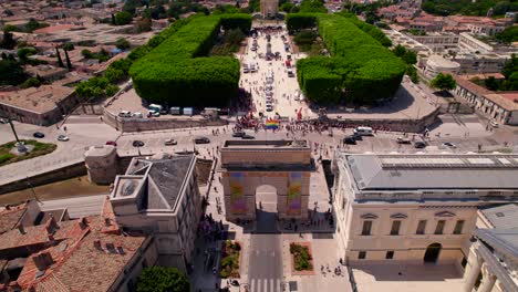 Aerial-view-of-the-Peyrou-gardens-in-Montpellier,-busy-day-during-gaypride-2023