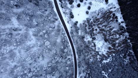 Aerial-top-down-view-of-mountain-road-among-snow-capped-forest-during-winter-in-Hautes-Vosges,-France