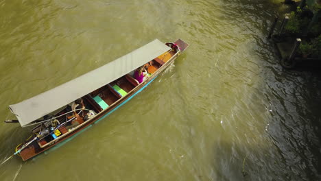 Boat-and-Canal-Entrance-to-Traditional-Floating-Market,-Thailand-Countryside,-Tilt-Up-Aerial-View