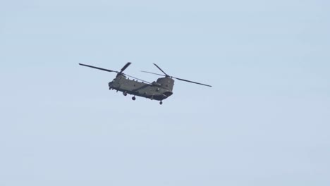 Zoom-Shot-of-Boeing-Chinook-Flying-in-Slow-Motion-With-Birds-Flying-Through-Frame