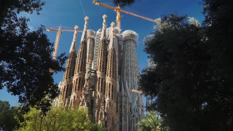 Dolly-Shot,-Bright-Green-Trees,-Scenic-view-of-the-Sagrada-Familia-Church-in-Barcelona-Spain