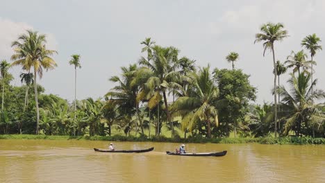 Local-men-on-traditional-boats-on-a-river-flowing-near-palm-trees,-Kerala-Backwaters,-India