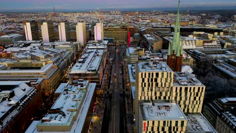 Sunset-drone-footage-along-the-Stockholm-T-Centralen-Main-Street