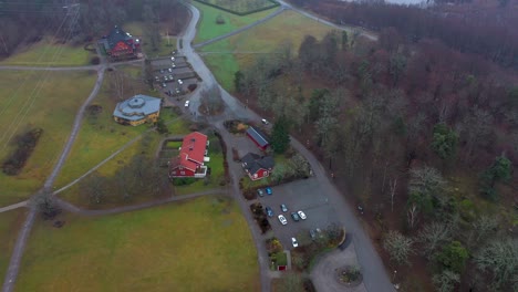 Aerial-footage-of-Stora-Skuggan,-a-nature-park-located-next-to-Stockholm-University-in-Sweden