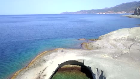 Drone-Aerial-shot-of-the-natural-swimming-pool-of-Cane-Malu-in-Sardinia,-Italy