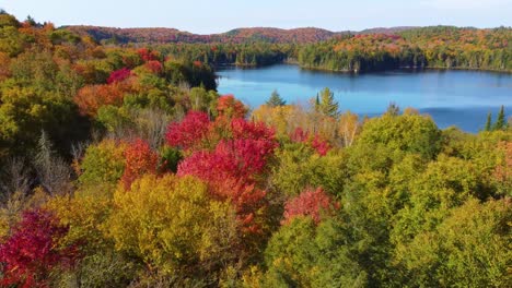 Aerial-Wide-Shot-of-Sweeping-Fall-Landscape-with-Multicolored-Forest-and-Small-Lake,-Montreal,-Quebec