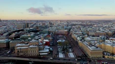 Sunset-drone-footage-overlooking-Kungstragarden-and-Stockholm's-City-Centre