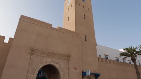 Tilt-up-shot-of-Essaouira-Clock-tower,-a-famous-landmark-in-the-City