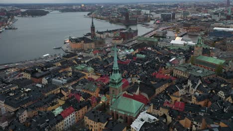 Drone-footage-over-Gamla-Stan-in-Stockholm,-Sweden