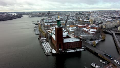 Rotating-drone-footage-around-the-City-Hall-of-Stockholm,-Sweden-during-Winter