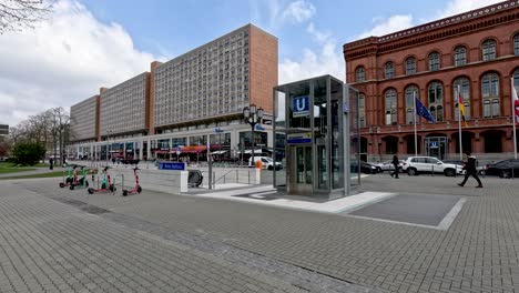 Wide-shot-of-Entrance-to-U-Rotes-Rathaus-station-in-berlin
