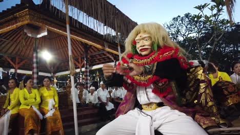 Inside-a-Balinese-Topeng-Masked-Dance-Performance-in-Asia,-Indonesia,-Hindu-Ceremony-of-Bali-Religion,-Colorful-Theater-Act