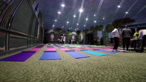 Gruppe-Von-Menschen,-Die-An-Einem-Yoga-Kurs-Teilnehmen,-Mit-Vielen-Matten-Auf-Dem-Boden