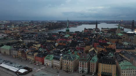 Drone-footage-of-Gamla-Stan-Old-Town-in-Stockholm,-Sweden