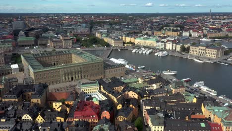 Aerial-footage-over-the-Gamla-Stan-old-town-in-Stockholm,-Sweden