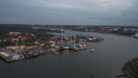 Aerial-footage-of-Grona-Lund,-an-amusement-park-in-Stockholm,-Sweden