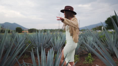 Pretty-young-female-model-slow-walking-through-Agave-large-spiny-leaves-in-Mexico---tracking-shot
