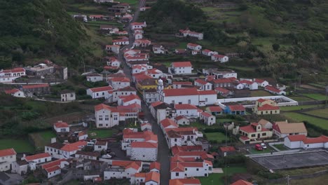Aerial-telephoto-shot-of-Fajã-Grande-Azores-Islands,-Flores,-Portugal