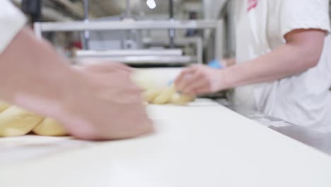 Factory-Workers-Making-Fresh-Triple-Dough-Baguette-On-Moving-Conveyor-Belt