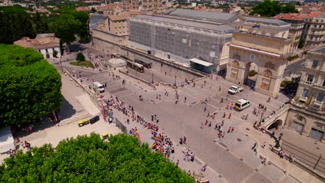 Aerial-establishing-shot-of-a-barricade-of-gay-pride-protesters-in-Montpellier