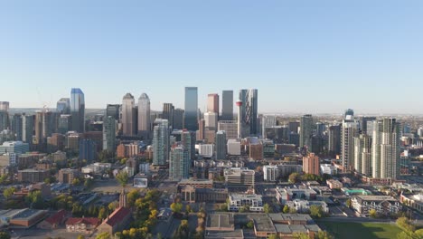 The-downtown-core-of-Calgary-Alberta-is-seen-from-an-Aerial-drone-perspective-showing-the-Calgary-tower,-Bow-building-and-other-major-features