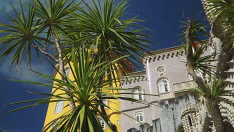 Up-shot,-moving-Left,-palm-tree-revealing-the-Pena-National-Palace-in-Sintra,-Portugal,-Blue-Sky-In-the-background