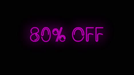 Blinkendes-Neonschild-„80-%-Rabatt“-In-Rosa-Farbe-Auf-Schwarzem-Hintergrund,-Ein--Und-Ausgeschaltet-Mit-Flimmern