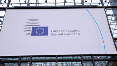European-Council-name-and-banner-in-the-EU-building-in-Brussels,-Belgium