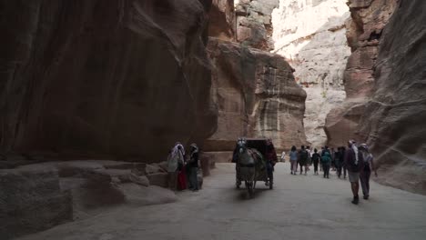 Tourists-at-Petra-Jordan-walking-through-wadi-valley-with-horse-and-cart-in-desert