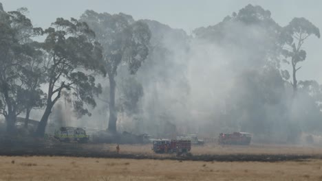Feuerwehrautos-Sehen-Bei-Einem-Grasbrand-In-Victoria-Mit-Dichtem-Rauch-Und-Hohen,-Rauchgefüllten-Bäumen-Klein-Aus