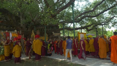 Monks-gathered-to-celebrate-the-Holy-Dalai-Lama's-88th-birthday-at-the-sacred-Mahabodhi-Temple-Complex-under-Banyan-tree,-Wide-shot