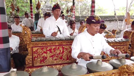 Músicos-Tocan-Arte-Cultural-Tradicional-Gamelán-De-Bali,-Indonesia-En-La-Ceremonia-Del-Templo-Del-Hinduismo-Balinés,-Luz-Del-Día,-Batubulan.