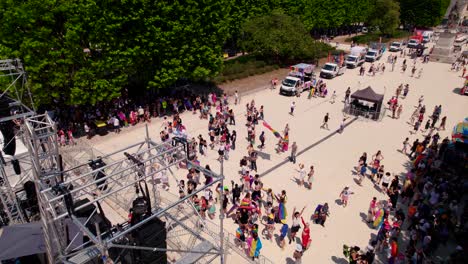 Aerial-shot-overhead-LGBTQ+-protesters-dancing-in-the-park-in-a-group