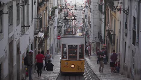 Establishing-shot,-Vintage-Yellow-tram-on-the-trail-in-Lisbon,-Portugal,-People-on-the-side-of-the-streets-in-the-background