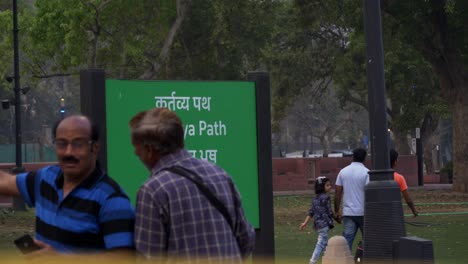 Kartavya-Path-sign-board-with-text-written-in-Hindi,-English,-Urdu-and-Punjabi,-closeup-shot