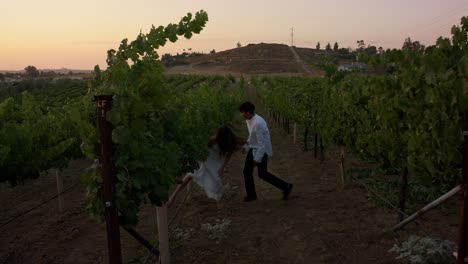 Young-couple-honeymoon-or-dating-running-through-vineyard-in-sunset-colours