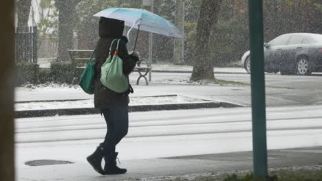 Zeitlupenaufnahme-Einer-Person,-Die-Mit-Einem-Regenschirm-In-Der-Hand-Den-Bürgersteig-Entlanggeht,-Während-Am-Frühen-Morgen-Schnee-Fällt