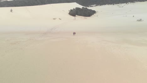 Drone-Aéreo-Disparado-Desde-Dos-Personas-Caminando-En-El-Desierto,-En-Un-Día-Cálido-Y-Soleado,-En-La-Isla-Moreton,-En-Queensland,-Australia
