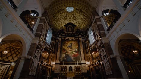 Ornate-Ceiling-of-Baroque-Borromeo-Church,-Tilt-Down-to-Gilded-Altar