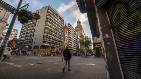 People-shopping-in-the-main-street-in-Montevideo,-end-of-lockdown---timelapse