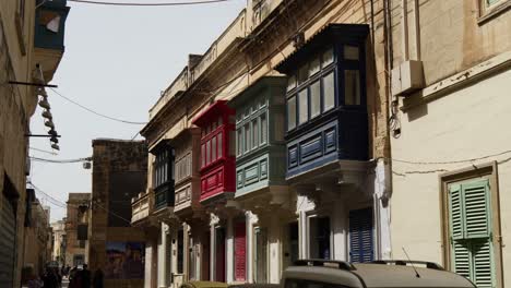 Colourful-Balconies,-Windows-And-Doors-In-A-Narrow-Street-Of-Rabat