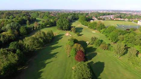 Aerial-Crane-with-Slow-Tilt-over-English-Golf-Course-in-Kent