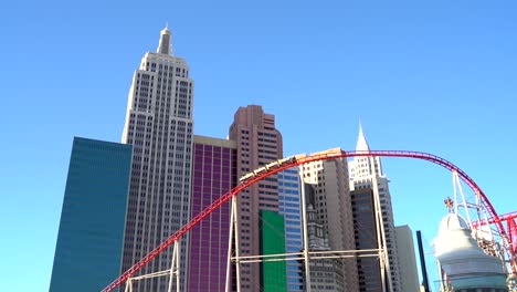 Slow-motion-of-sunny-New-York-New-York-roller-coaster-in-Las-Vegas