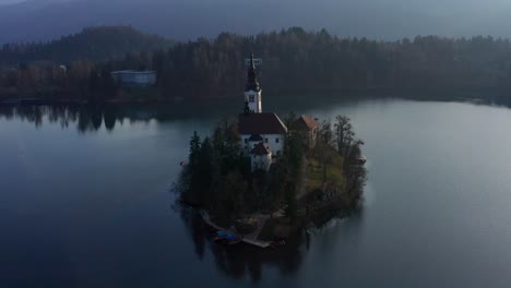 Aerial-View-Of-Church-Of-the-Mother-On-Bled-Island-On-Lake-Bled