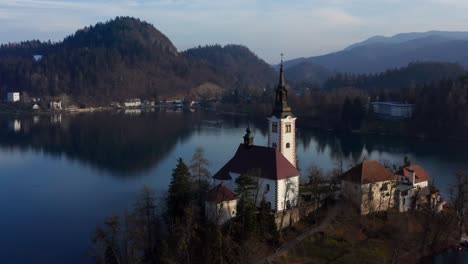 Aerial-View-Of-Church-Of-the-Mother-On-Bled-Island-On-Lake-Bled