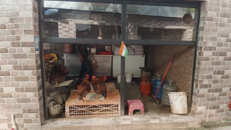 Chickens-Wait-to-be-Slaughtered-in-an-Indian-Shop-Window-at-Bristol-Fish-Market,-India