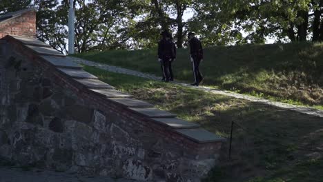 Tres-Guardias-De-Oslo-Caminando-Hacia-La-Bandera